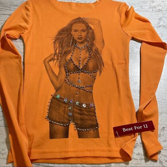 Long Sleeve Orange Mesh Embellished Top - Picture 1 of 15
